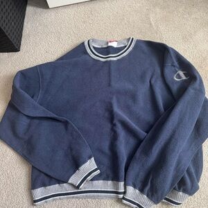Vintage Champion Fleece Crewneck Sweatshirt Embroidered Logo Striped Gray